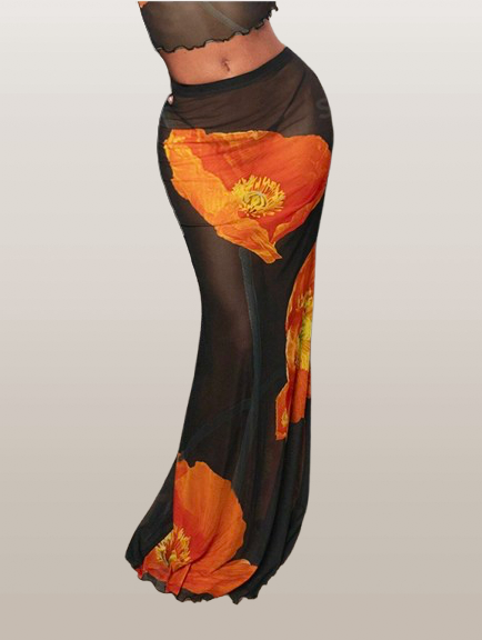 Midnight cicek Orange Maxi Skirt